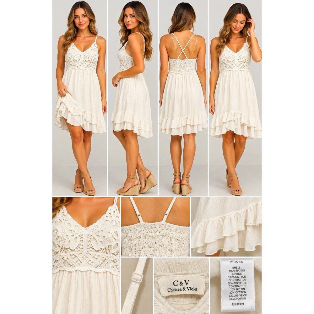 Chelsea & Violet White Lace A-Line Knee Length V-Neck Ruffle Dress Women’s M
